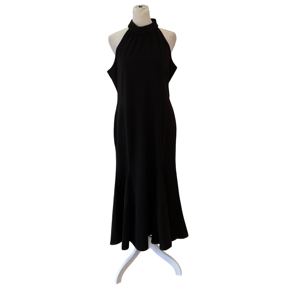 Woosea WOMEN'S Black Halter high neck party dress midi flare skirt stretch  XL